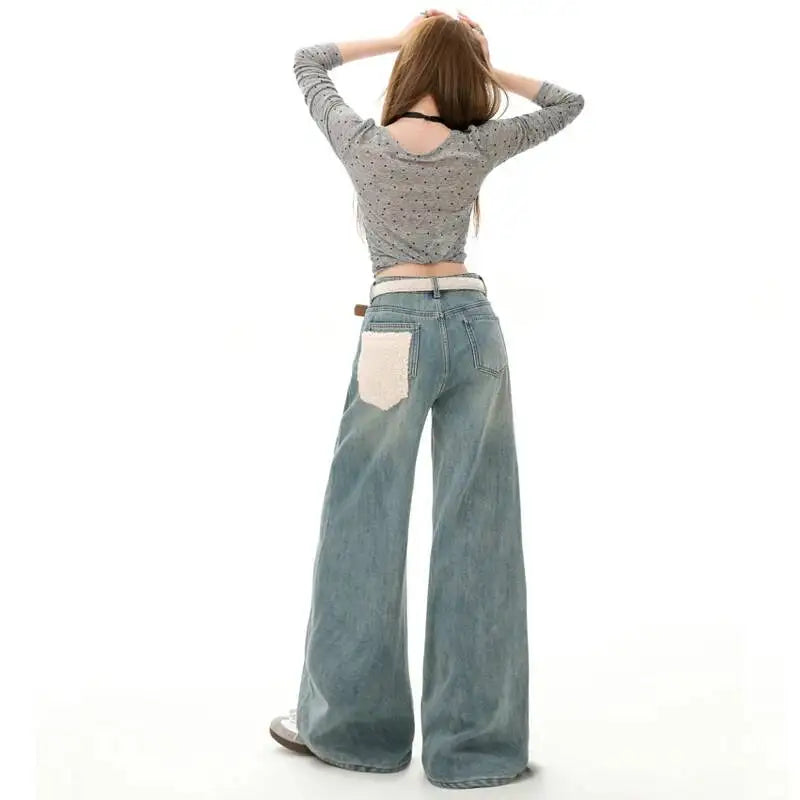 For Woman Y2k Jeans Flared Trousers Wide Leg Fleece Lined Thick Warm Retro Straight Long Pants Fashion Casual