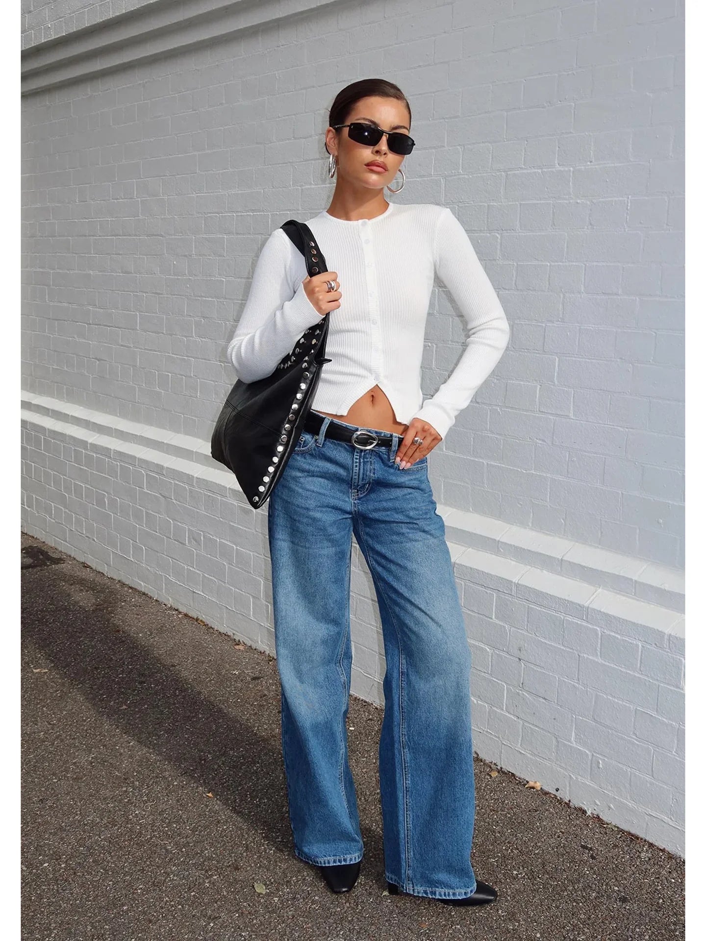 Low Waist Wide Leg Modern Waed Retro  Jeans Straight Cut Loose Fit Denim Pants for Women Casual All Seasons Blue