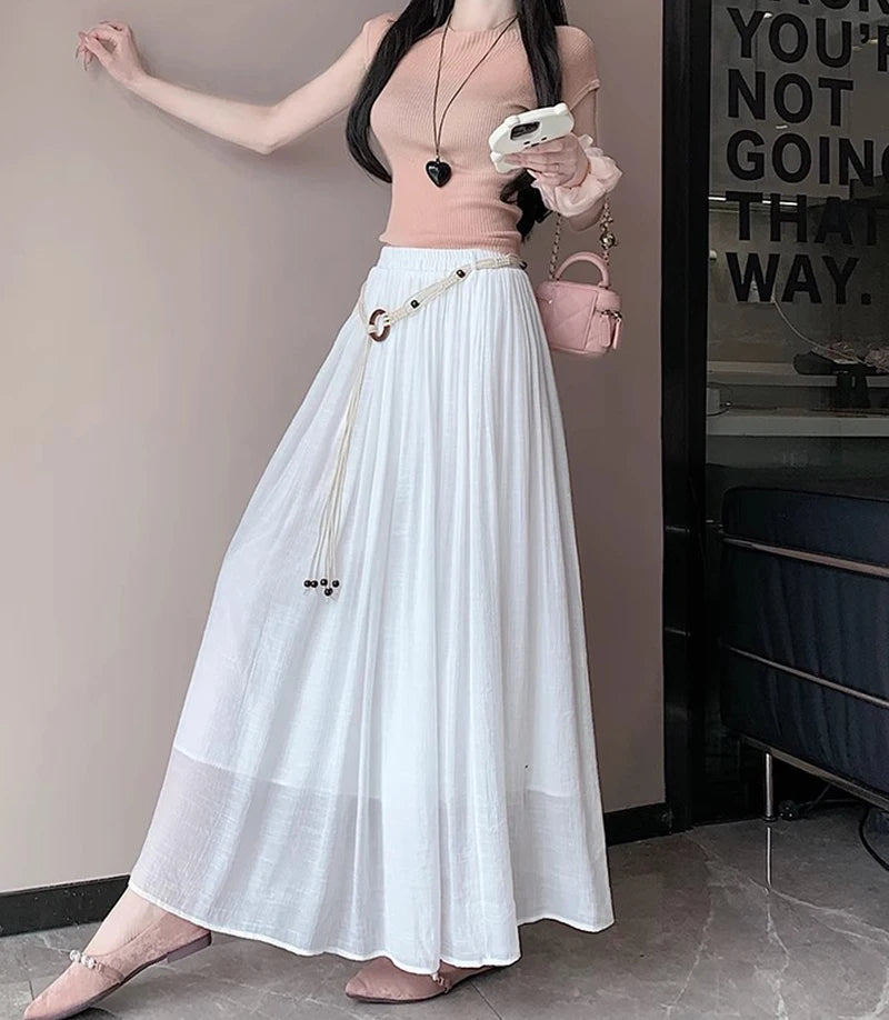 Boho Women's Skirt Cotton Linen Yellow Female Skirts High Waist Harajuku 2025 Trend  Luxury Elegant Vintage Long Skirt With Belt